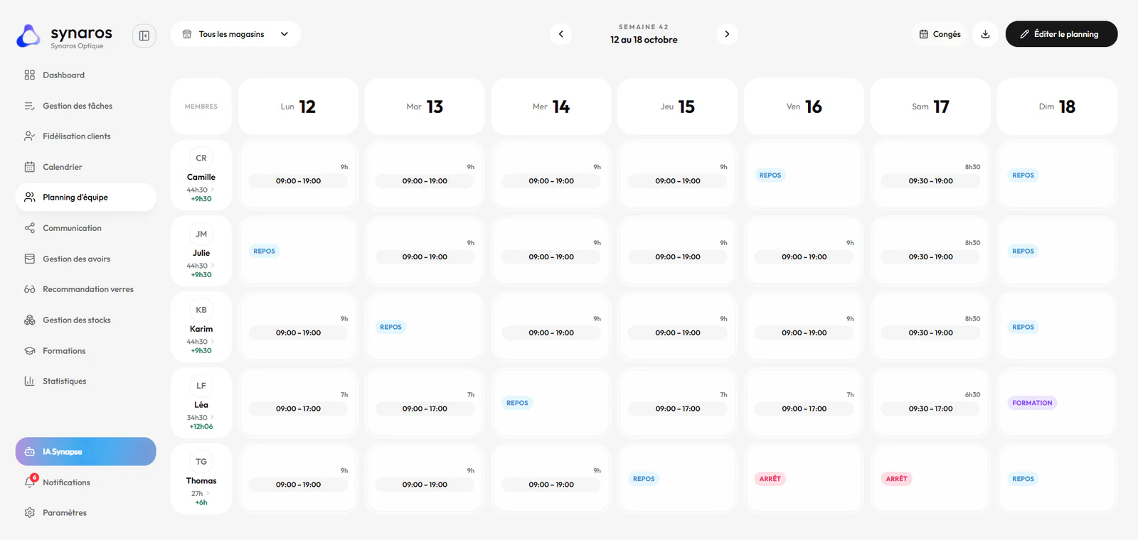 Planning d'équipe de la semaine avec horaires et absences